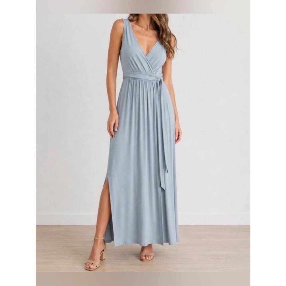 Lulus NWT Women XS Pale Dusty Blue Jersey Knit Surplice Slit Maxi Dress Formal